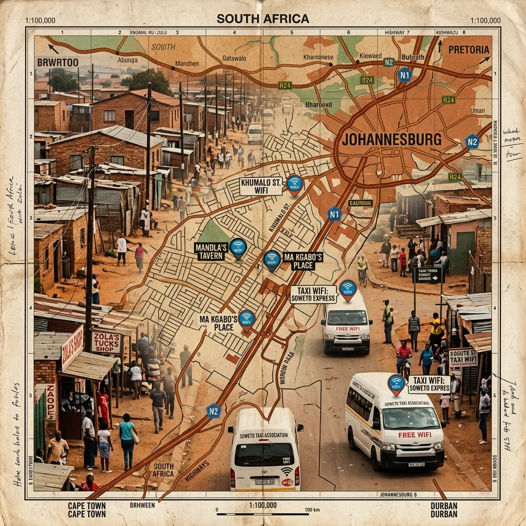 Abstract map of South Africa showing FreeZone hotspot locations