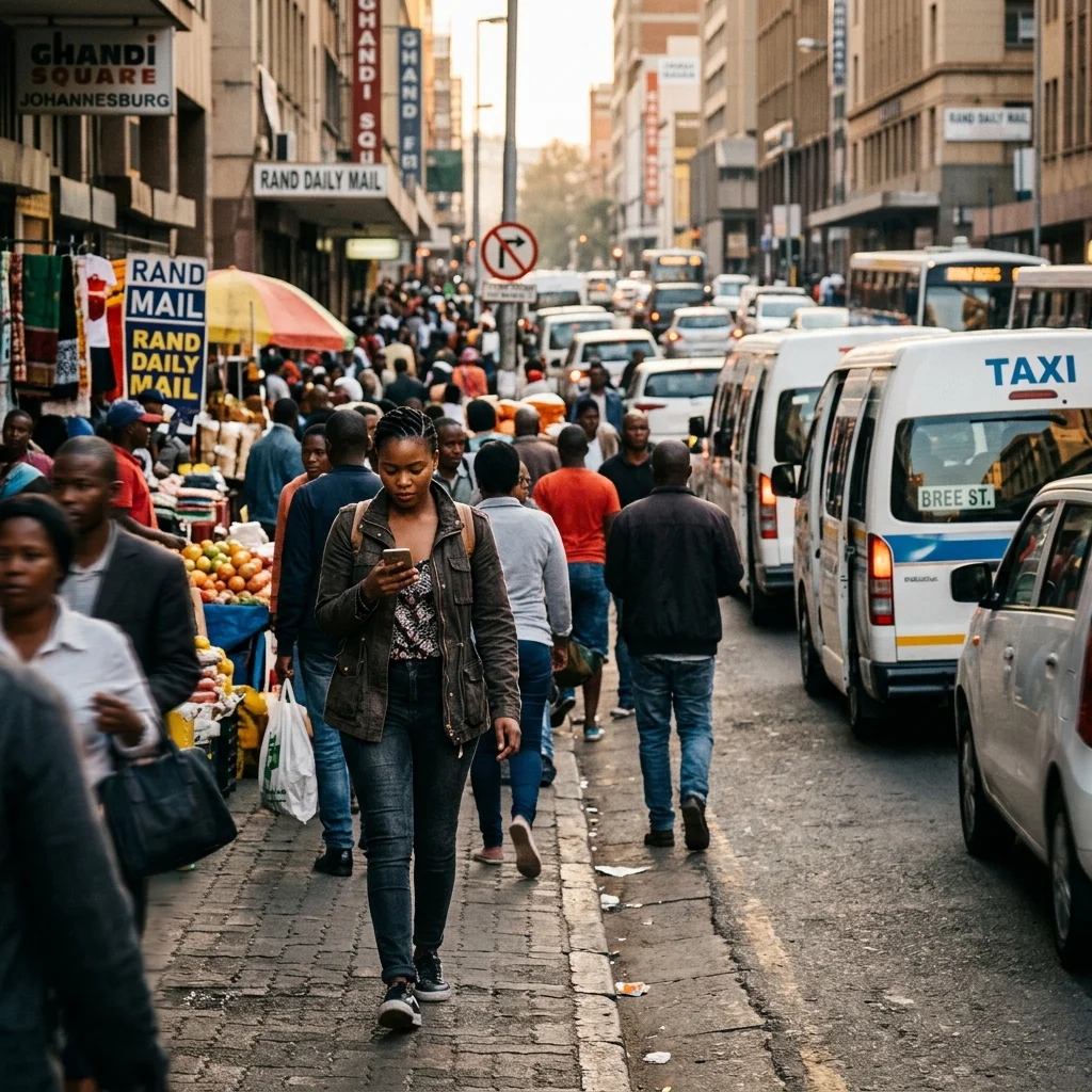 Young woman walking and using phone in Johannesburg